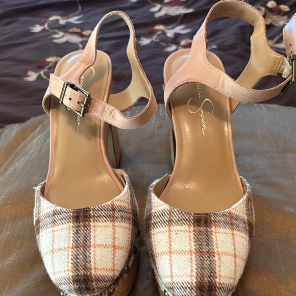 Jessica Simpson Plaid Wedge Sandals - Cream and Brown - Picture 1 of 7